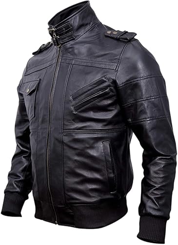 Mens Genuine Black Hooded Bomber Leather Jacket Real Lambskin