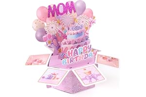 Pop Up Birthday Card for Mom, Funny Balloons Fireworks & Flowers 3D Happy Birthday Greeting Card with Envelope Pop Up Gift Bo