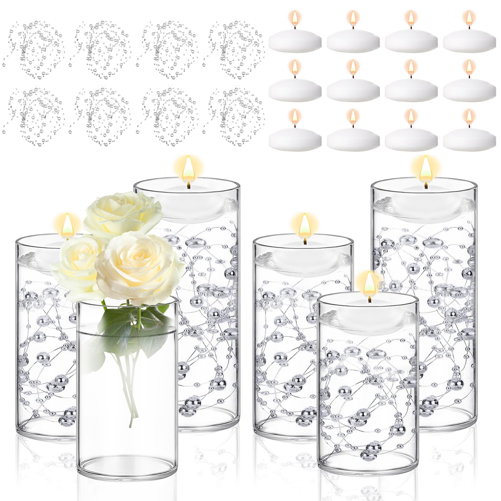 Photo 1 of 6 Set Glass Cylinder Vase with 8 Artificial Pearl String 12 White Floating Candle Multi-Size Cylinder Vase for Centerpieces 4"+ 6" + 8" Glass Cylinder Vase for Wedding Party Table Decor(6 Pcs-Silver)