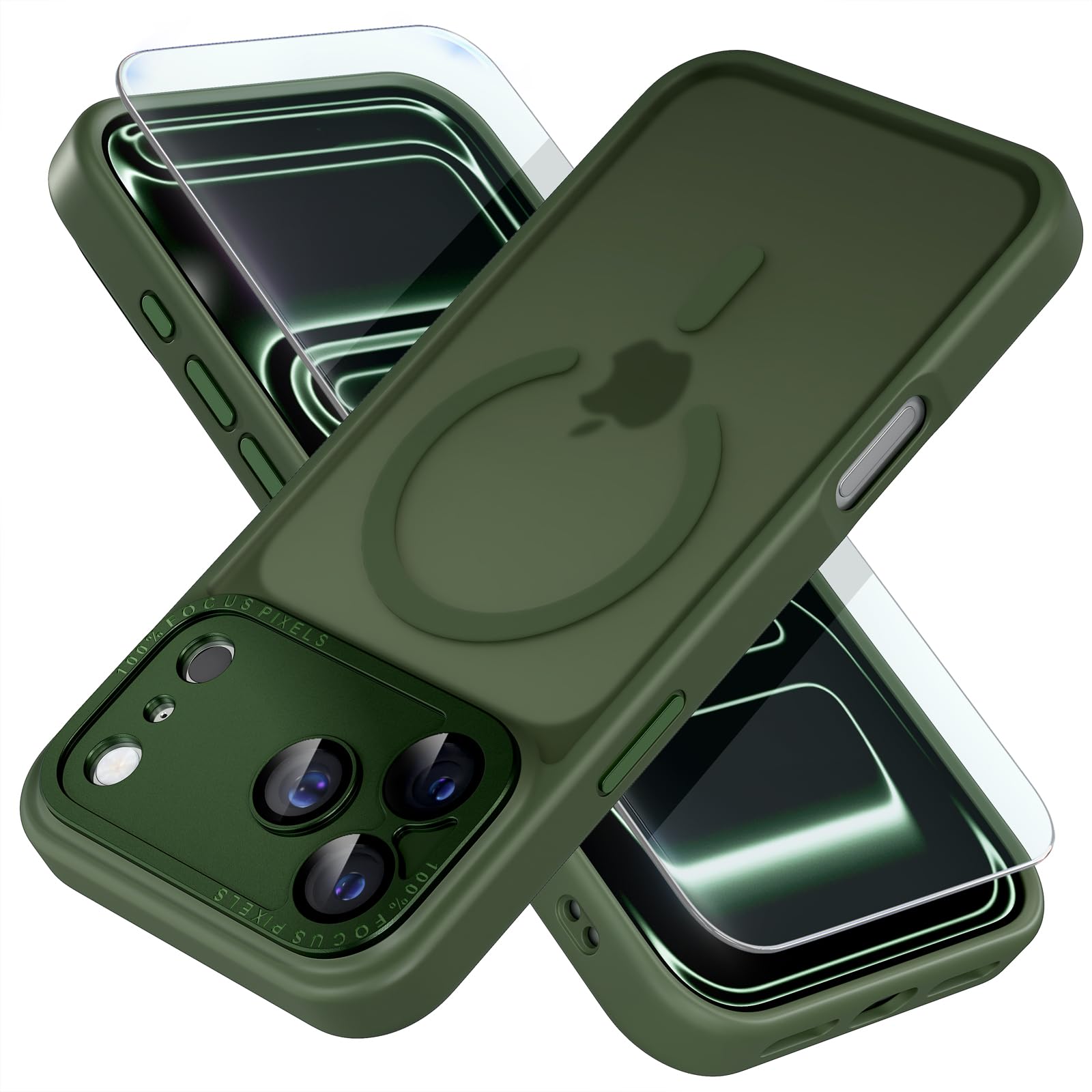 Misea Magnetic for iPhone 17 Pro Case Compatible with MagSafe [Military Grade Drop Protection] Full Camera Lens Protector Translucent Matte Phone Case for Women Girls 6.3 inch, Deep Green