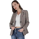 Leyoutx Women's Fashion Notched Lapel Wool Plaid Blazer Slim Long Sleeve Jacket with Elbow Patch (Large, Khaki)