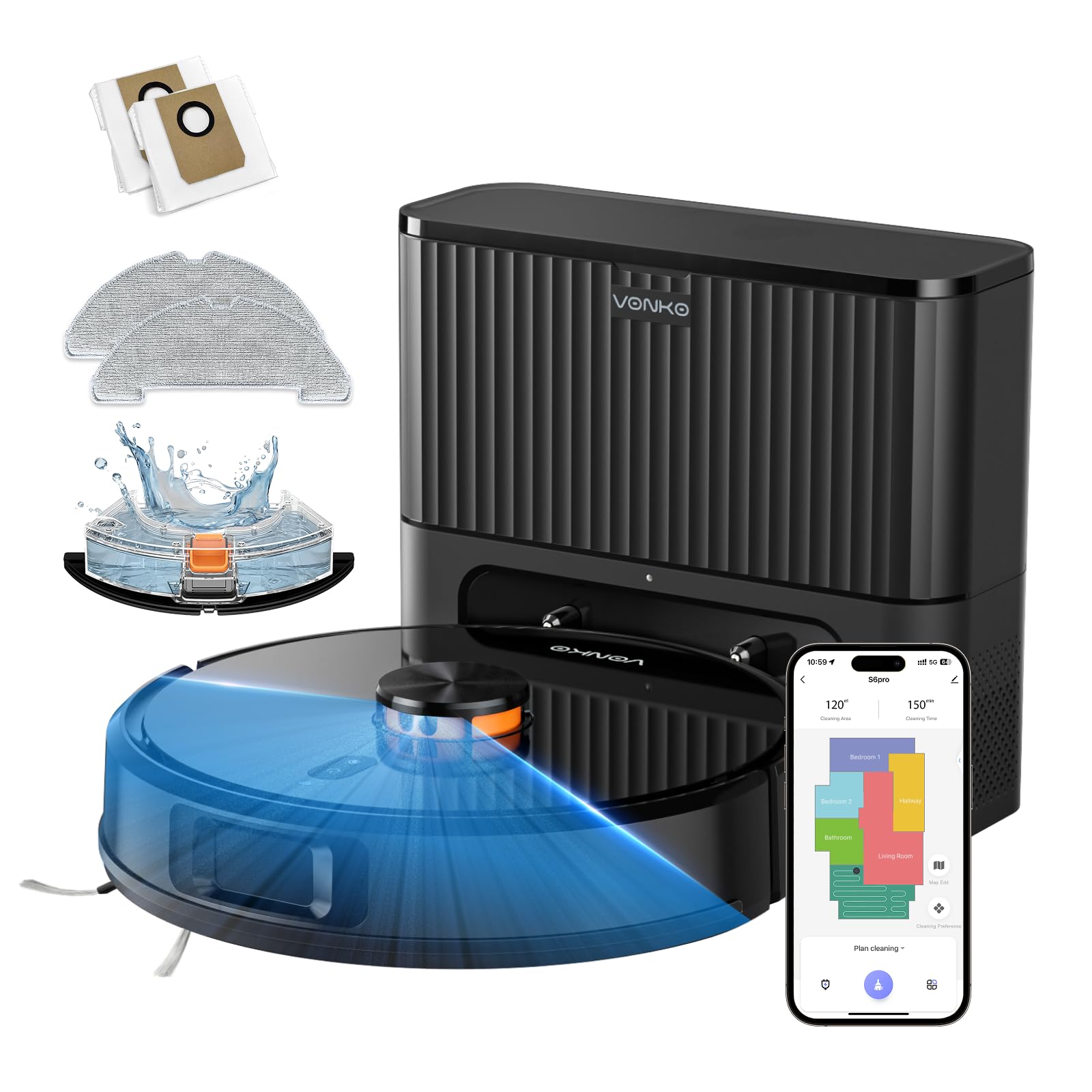 VONKO S6 Pro Saugroboter mit Wischfunktion und Absaugstation, 8000Pa Saugkraft,LiDAR 2.0 Laser Navigation,180 Min.Laufzeit,Teppicherkennung,App/Alexa,Ideal für Tierhaare, Hartböden,Schwarz