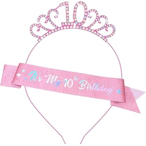 Jaciya Pink Rhinestone 10 Crown Headband & It’s My 10th Birthday Sash | 10th Birthday Party Decorations Photo Accessory Kit,