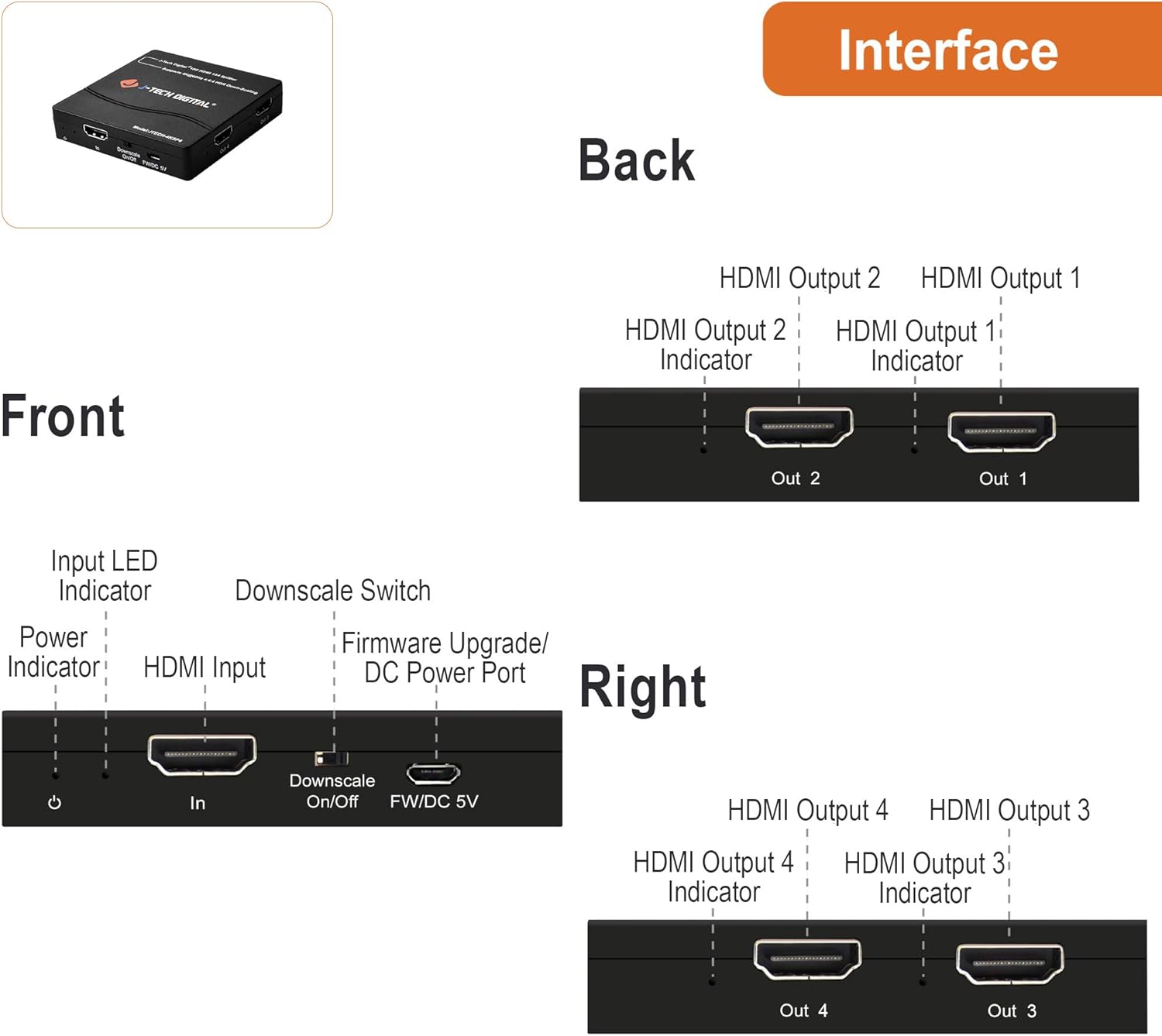 HDMI Splitter 4K 60Hz 1X4 Multi-Resolution Output (MRO) by J-Tech Digital HDMI 2.0 Splitter Supports downscale HDR HDR10 / Dolby Vision 4K@60Hz 4:4:4 HDCP2.3 2.2 (JTECH-4KSP4): Home Audio & Theater