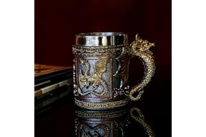 alikiki Medieval D&D Dragon Coffee Mug - 15.8oz Stainless Gold Roaring Dragon Beer Drink Mug for GOT Lovers Collector Ideal N
