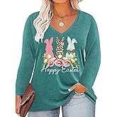 YALUCOR Women Plus Size Easter Shirt Easter Day Gift Tee Bunny Graphic Tshirt Hanging With My Peeps Long Sleeve V Neck Tops