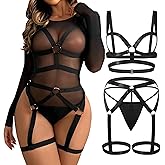 NewBull Women's Sexy Strappy Lingerie Set Hollow Out Harness Bra and Garter Belt Set Wide Straps Elastic Gothic Underwear Push-up Bras Bandage Suspenders + G-string Black