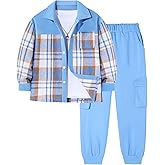 Jrbybazy Boys Clothes 2Pcs Plaid Shirt and Pocket Sweatpants Outfits for Fall Winter Boy Clothes Sets 6-14 Years