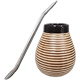 Gaucho Bruno Yerba Mate Ceramic Cup with Stainless Steel Bombilla Drinking Straw - Reusable, Slip-Proof Gripping and Easy Cle