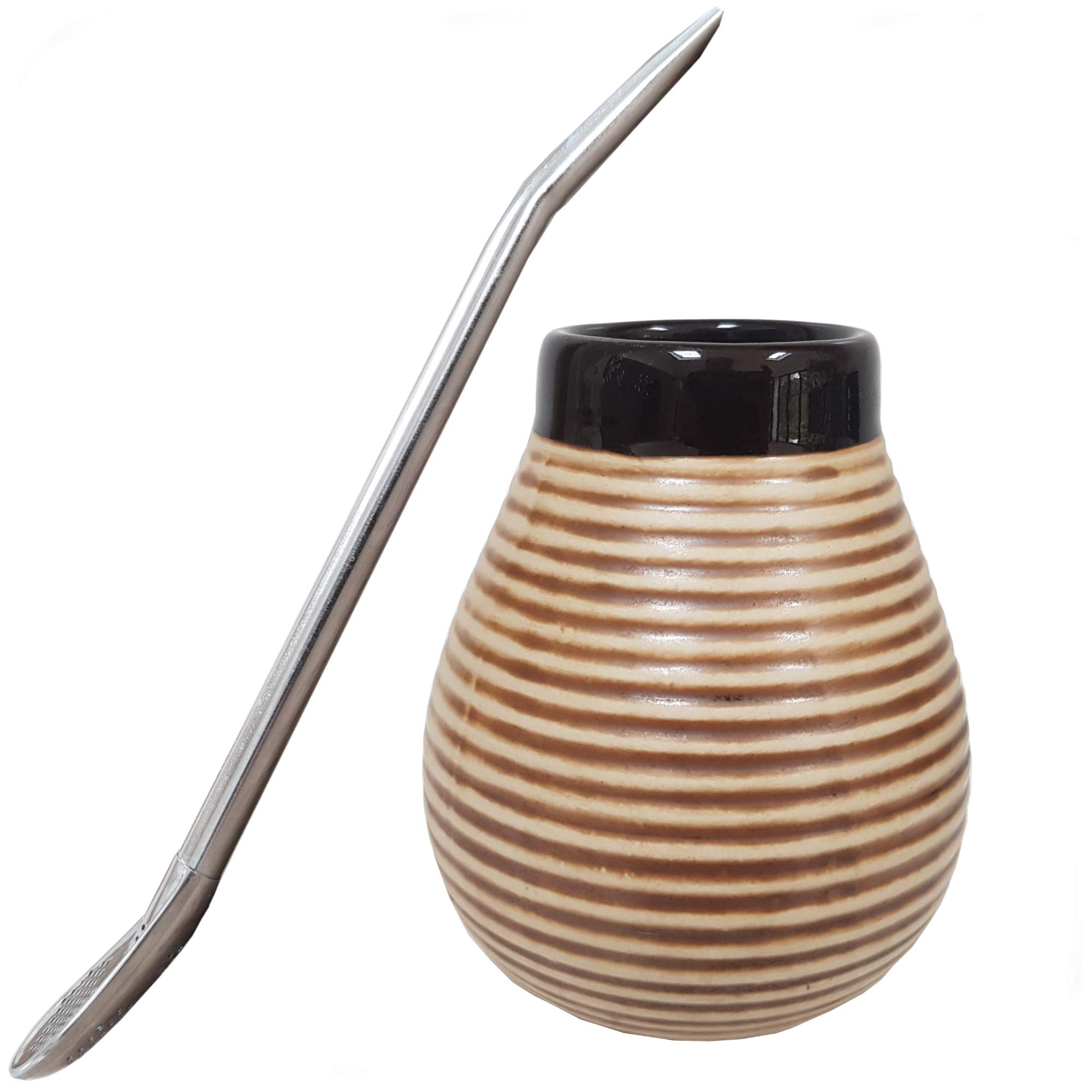 Gaucho Bruno Yerba Mate Ceramic Cup with Stainless Steel Bombilla Drinking Straw - Reusable, Slip-Proof Gripping and Easy Cleaning - for Home and Travel Use - 400ml - Brown