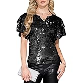 YHHOWEP Women Sparkle Sequin Tops Glitter V Neck Blouse Tiered Ruffles Sleeve Cocktail Soiree Evening Party Disco Club Shirt