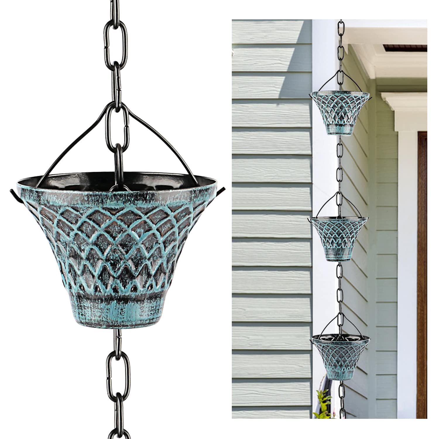 Hanayard Decorative Blue Plaid Rain Chain Umbrella Shape Downspouts 8.5 FT Outdoor Garden Decor for Gutters - 12 Cups…