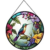 Payutou Hummingbirds and Flowers Pattern Hanging Stained Glass Suncatcher,Stained Glass Suncatchers for Windows,20cm/7.87inch Hand-Painted Sun Catcher Garden Painted Glass Panel Decor Themed Gift