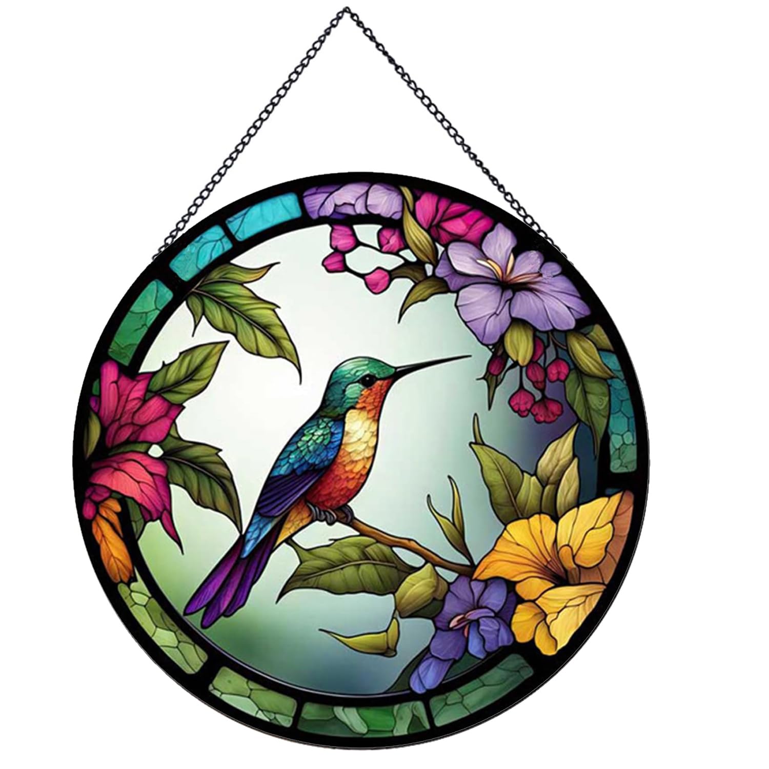Payutou Hummingbirds and Flowers Pattern Hanging Stained Glass Suncatcher,Stained Glass Suncatchers for Windows,20cm/7.87inch Hand-Painted Sun Catcher Garden Painted Glass Panel Decor Themed Gift