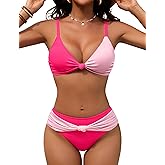 Blooming Jelly Womens Sexy Two Piece Bikini Sets Knot V Neck Swim Suit Color Block Cheeky Bathing Suit Textured Swimsuit