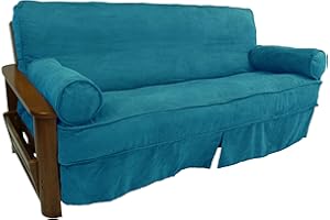 Blazing Needles Solid Microsuede Double Corded 8" to 9" Futon Slipcover Set with 2 Bolster Pillows (Set of 3), Full, Aqua Blue