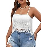 MakeMeChic Women's Plus Size Fringe Top Tassel Spaghetti Strap Sleeveless Summer Crop Cami Tops