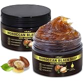 2Pack Moroccan Black Soap with Argan Oil, Morocco Black Beldi Soap Hammam Ritual Body Scrub, Dead Skin Removal, SPA at Home, Purifying Moroccan Body Wash with Exfoliating Glove