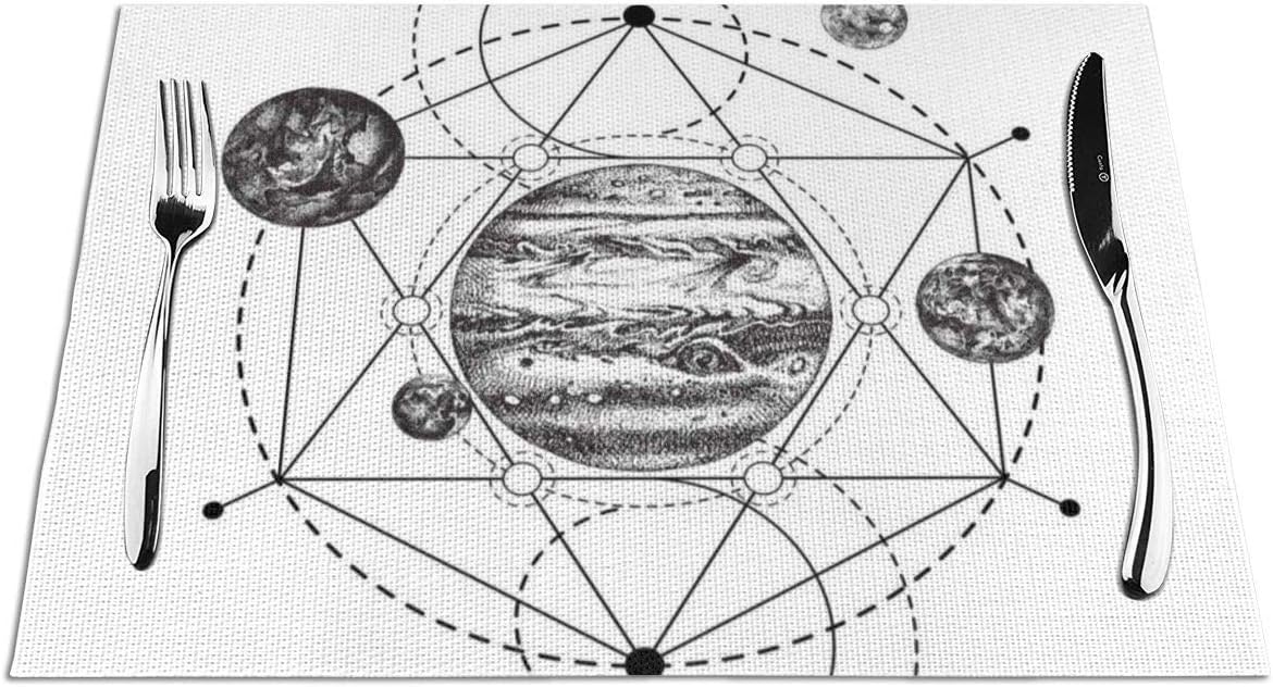 GULTMEE Placemats Heat-Resistant Stain Resistant Anti-Skid Washable PVC Table Mats,Artistic Monochrome Graphic with Planets and Dash Line Geometric Figures 4 PCS