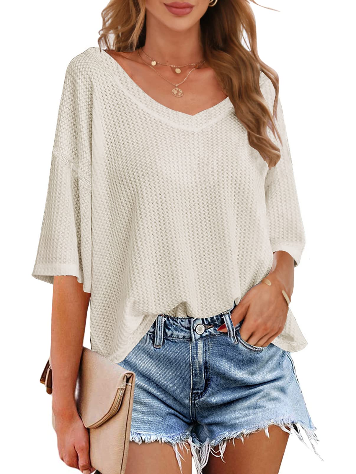 MEROKEETY Women's V Neck Batwing Half Sleeve Shirts