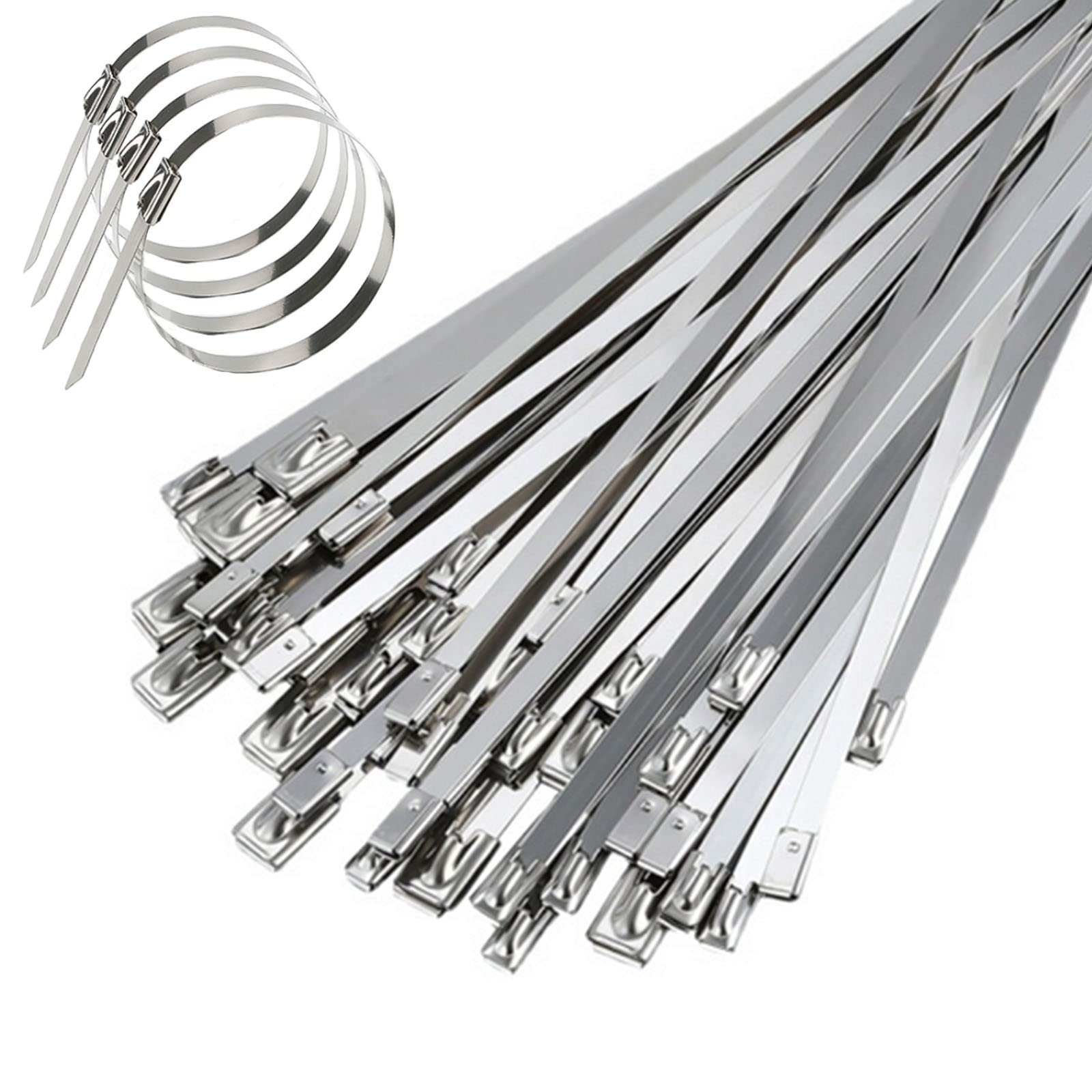 Yunpo 50 Pieces Stainless Steel Cable Ties 4.6 x 200mm Self Locking Metal Exhaust Wrap Coated Locking Cable Zip Ties for Home Office Garage Workshop, Silver