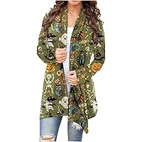 Halloween Cardigan for Women Open Front Pumpkin Print Long Sleeve Cardigans