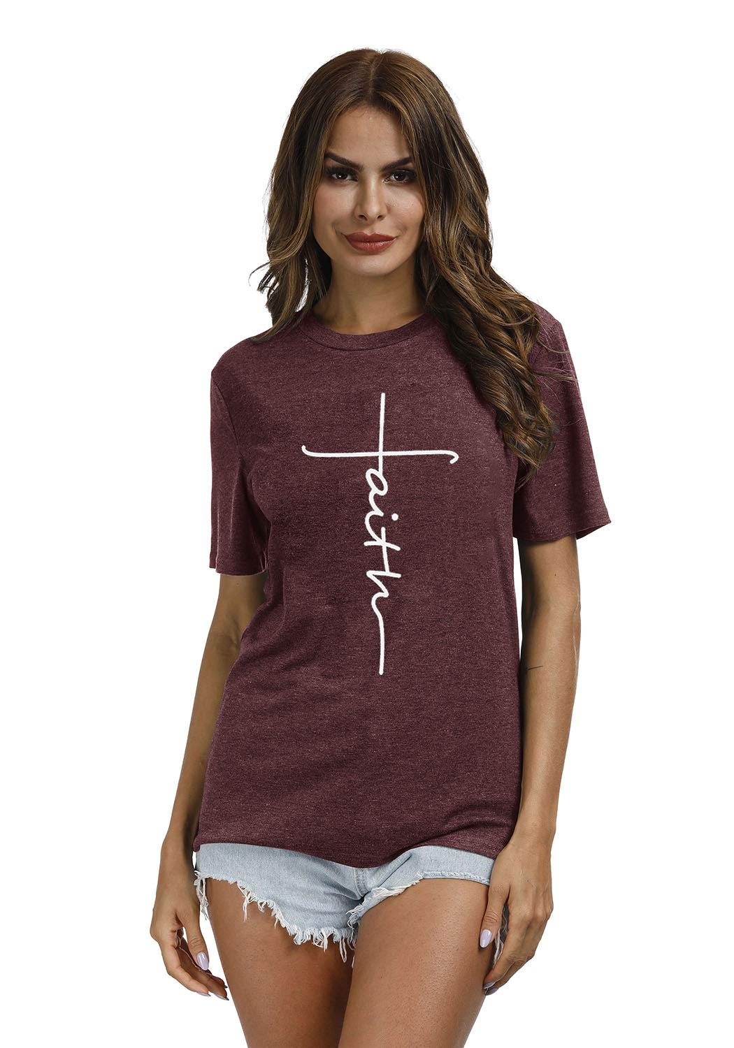 YEXIPO Womens Faith T Shirts Graphic Tees Short Sleeve Letter Print Summer Casual Tops Wine Red