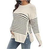BEAUDRM Women's Striped Button Detail Crew Neck Maternity Nursing Sweater Long Sleeve Pullover Tops
