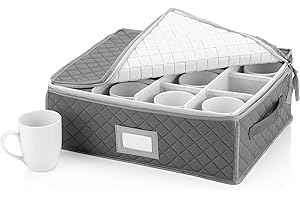 Stack Store Plus More China Cup Storage Chest - Quilted Fabric Container in Gray Measuring 16" x 13" x 6"H - Perfect Storage 