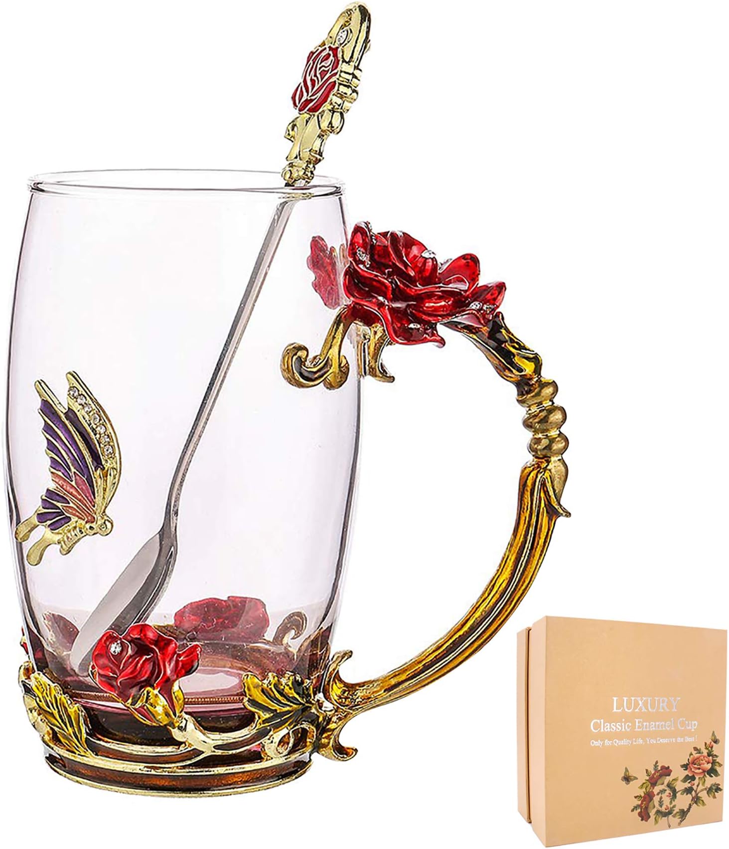Tea Cup Coffee Mug Cups, Mother's Day Gifts,13oz Handmade Rose and Butterfly Tea Mug with Spoon, Unique Gift for Women Mom Grandma Female Friend - Red Tall