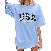USA Shirt for Women American Flag Tshirt Oversized 4th of July Patriotic Tee Short Sleeve Memorial Day Tops
