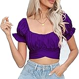 COOUFE Women's Crop Tops Ruffle Short Sleeve Tie