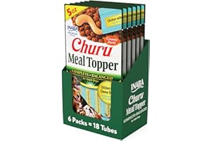 INABA Churu Meal Topper for Dogs, Complete & Balanced, Creamy, Lickable Purée Dog Food Toppers, 47 gram Tube, 18 Tubes (3 per