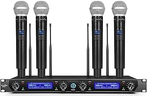 MicrocKing Wireless Microphone System, with 4 Handheld Mics, Metal Build, Fixed Frequency, Long Range 400FT, Ideal for Party 