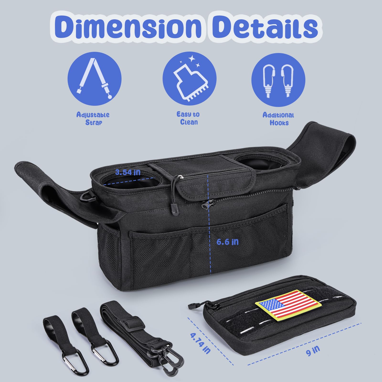 Universal Stroller Accessories, Fits for Stroller like Uppababy Baby Jogger Britax BOB Umbrella, Stroller Organizer with Insulated Cup Holder Detachable Phone Bag Shoulder Strap