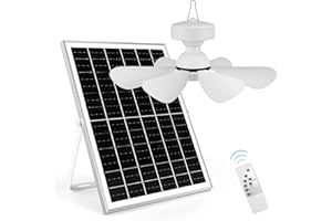 BLESSNY Solar Rechargeable Ceiling Fan with Light, 25W Solar Panel Powered Small Hanging Fan with 32Wh/10000mAh Battery Backup for Gazebo, Chicken coop, Greenhouse with Remote Control, Adjustable Light