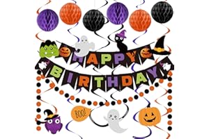 meowtastic Halloween Birthday Decorations - Happy Birthday Banner with Honeycomb Ball, Halloween Hanging Swirl Streamer, Circle Dot Garland Decorations - Halloween theme Birthday Party Decoration