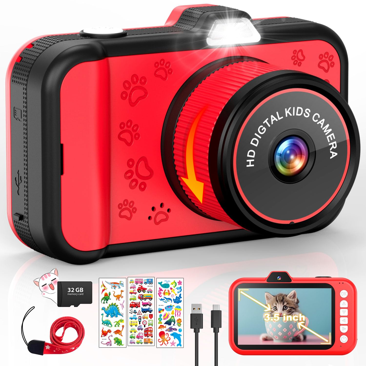 CHAKEYAKE Kids Camera, 3.5" Big Screen Digital Camera with 360°Rotating Zoom Lens | Selfies | LED Flash | 1080P Video Camera for Kids with 32G Card | Toy Gifts for Kids 3 4 5 6 7 8 9 10 11 12 — image 1
