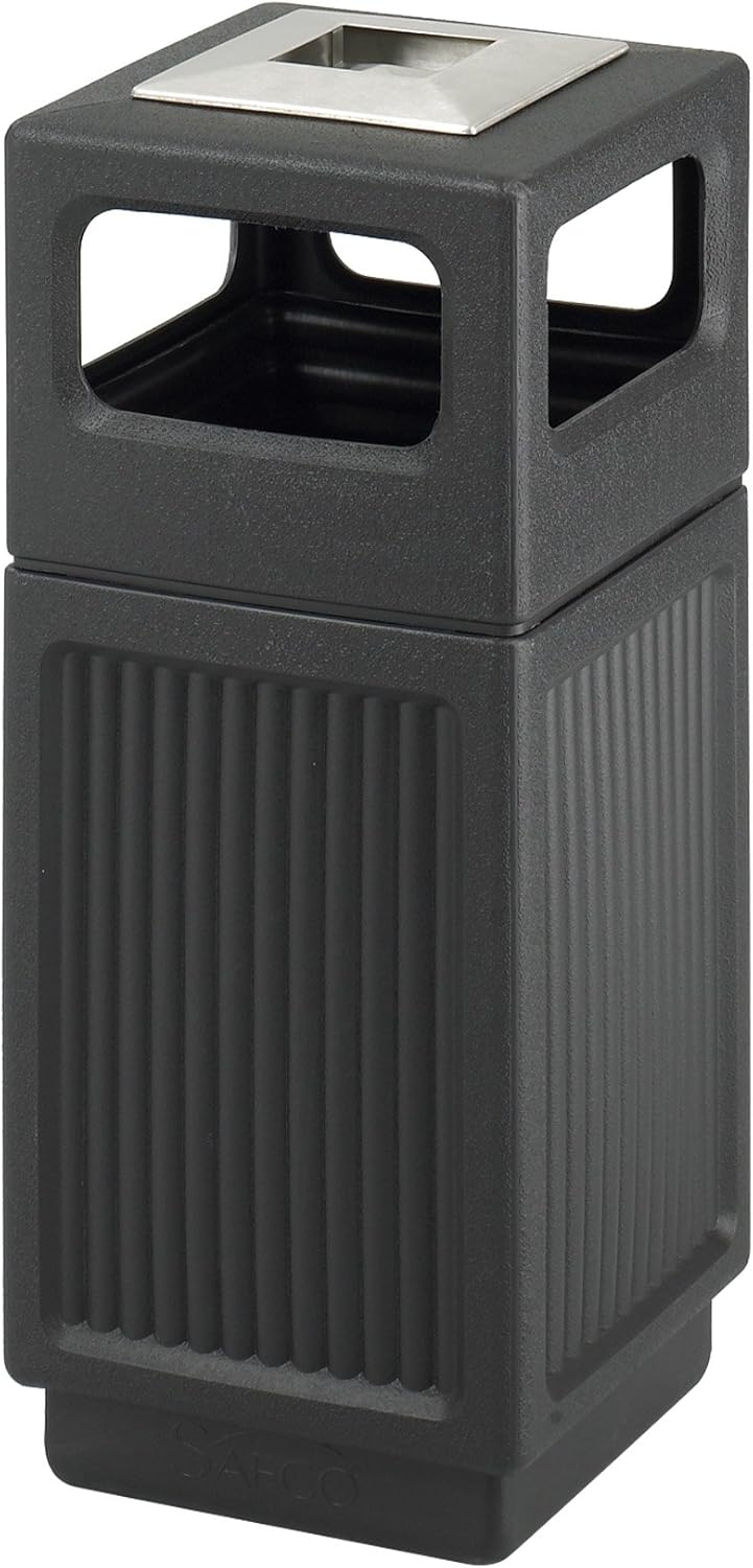 Safco Products Canmeleon Outdoor/Indoor Recessed Panel Trash Can with Ash Urn 9474BL, Black, Decorative Fluted Panels, Stainless Steel Ashtray, 15 Gallon Capacity: Office Products