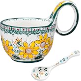 silesia 16 OZ Polish Style Ceramic Hand Painted Soup Mug Bowl, Sunflower | Loop Handle with Spoon, Microwave &amp; Dishwasher Safe,Cereal Cup for Milk, Oatmeal, Ice cream, Fruits ,Snack, Stew and Salsa