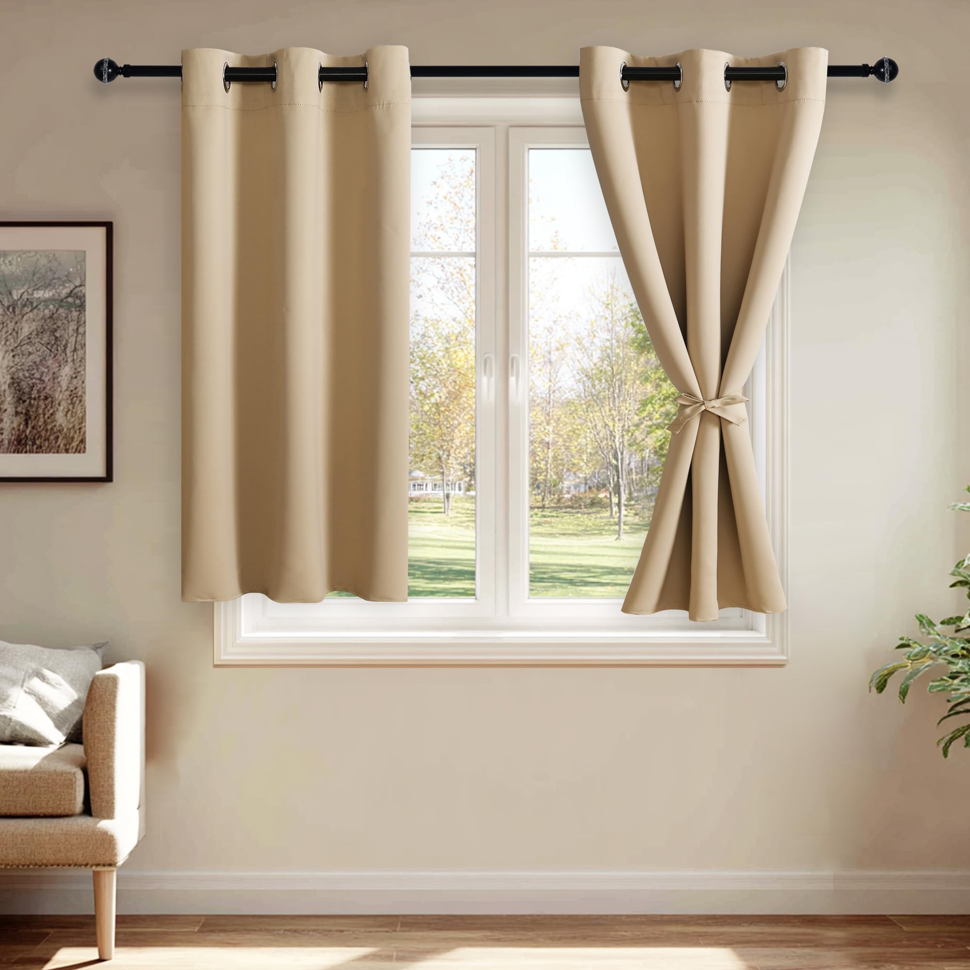 JIUZHEN Beige Blackout Curtains with Tiebacks - Thermal Insulated, Light Blocking and Noise Reducing Grommet Curtain Drapes for Bedroom and Living Room, Set of 2 Panels, 42 x 54 Inch Length