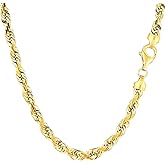 Jewelry Affairs 14k Yellow Solid Gold Diamond Cut Rope Chain Necklace, 5.0mm