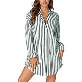 LYANER Women's Striped Nightgown Collar V Neck Long Sleeve Sleep Shirts Button Down Nightshirt Nightdress