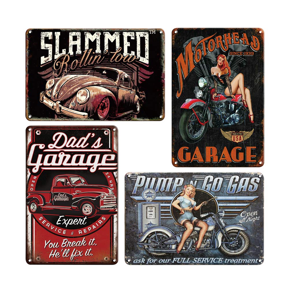 QUMENEY 4PCS Vintage Metal Tin Wall Sign Plague Poster, Retro Car and Girl Pattern Wall Decor Art Tin Sign for Cafe Bar Pub Beer (30x20CM/11.8x7.9in)