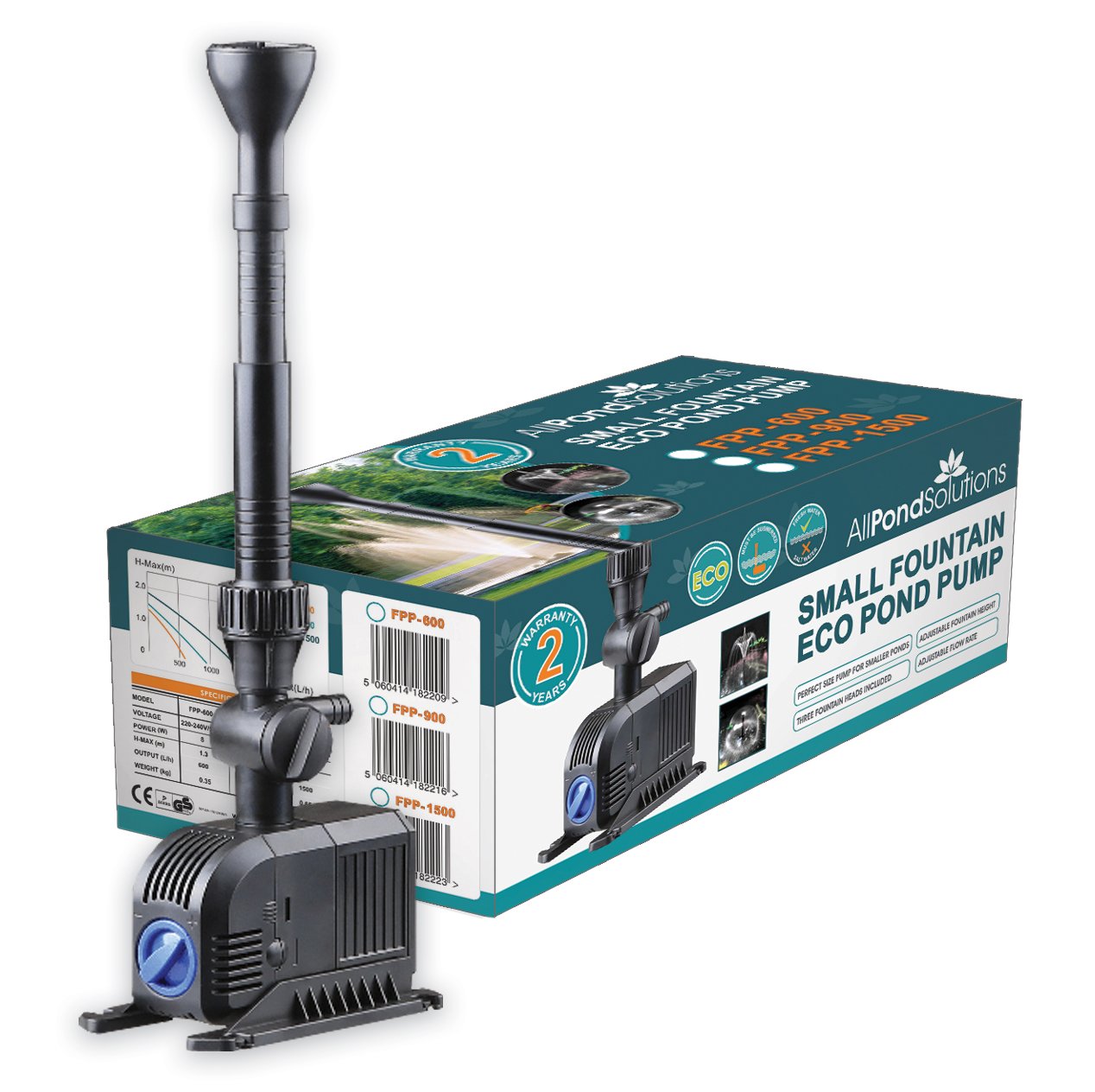 AllPondSolutions FPP-2000 Fountain Pond Pump Submersible with Fountain Attachment for Outdoor Garden, 2000 Litre/Hour Flow Rate