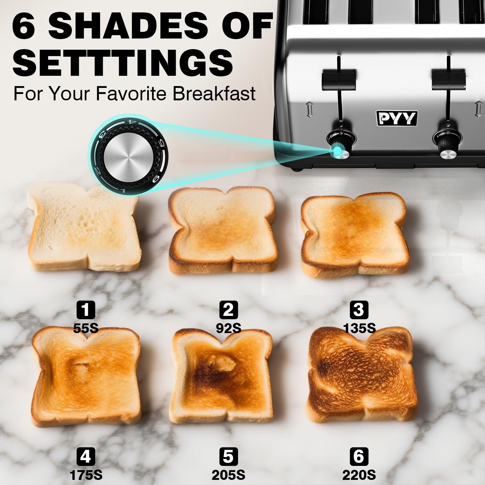 PYY Tostadora comercial de 4 rebanadas para restaurante - Ranuras anchas Ajuste de 6 niveles de acero inoxidable de 1,57 pulgadas, con bandeja para migas extraíble, 225 rebanadas/hora 1800 W - Pan, bagels, desayuno, tostadas de Texas