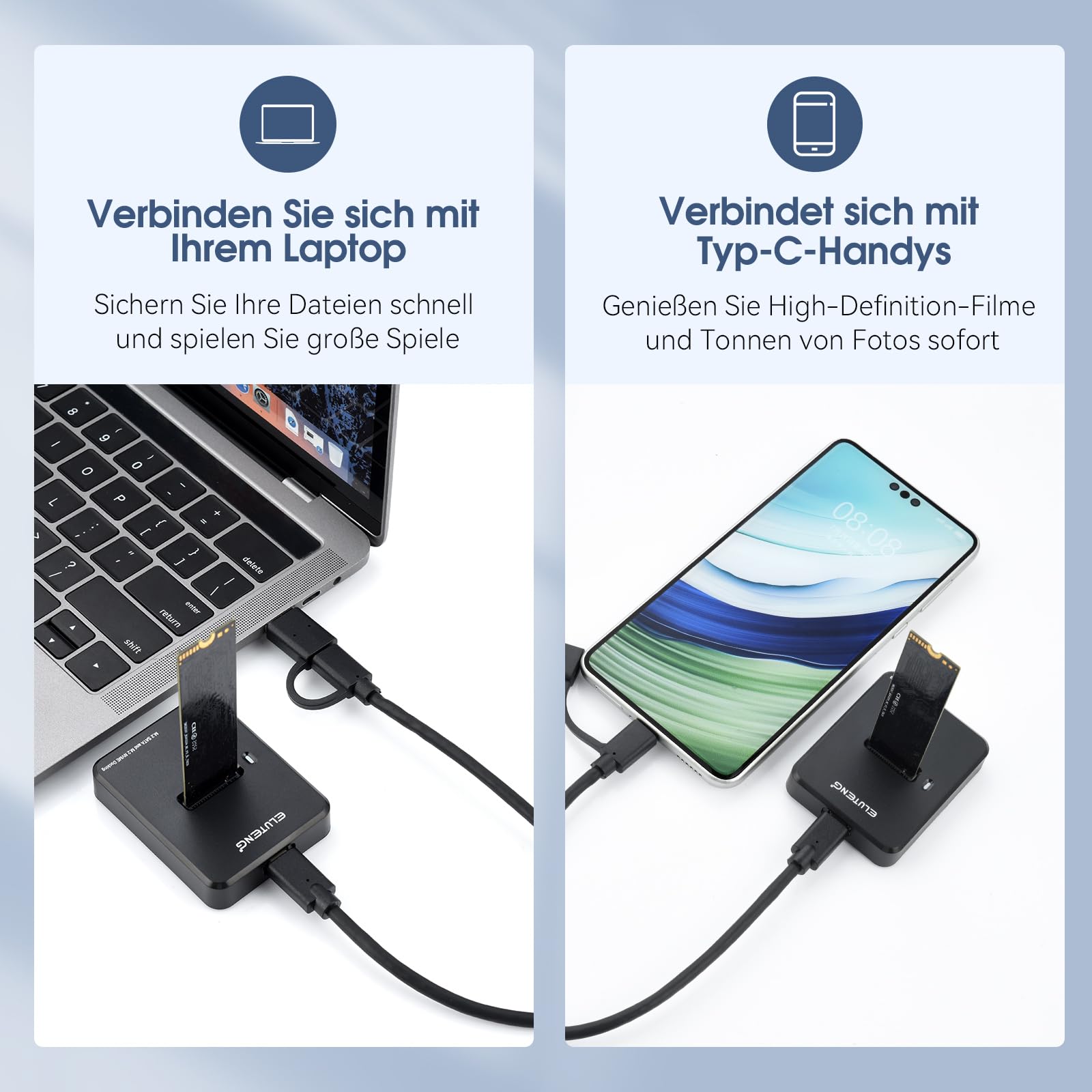 ELUTENG Festplatten Dockingstation, M.2 NVME & SATA Docking Station, 10Gbps M2 SSD auf USB Gehäuse für M-Key B+M Key, Duales Protokoll Adapter für 2230 2242 2260 2280 SSD mit Anti-Rutsch-Pads 6