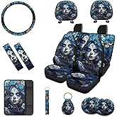 Rucaresri 13 Pcs Sugar Skull Girl Car Seat Covers with Steering Wheel Cover, Seat Belt Covers Cup Holder Keychain, Blue Automotive Protector Set Unverisal Fit Cars SUV Turcks