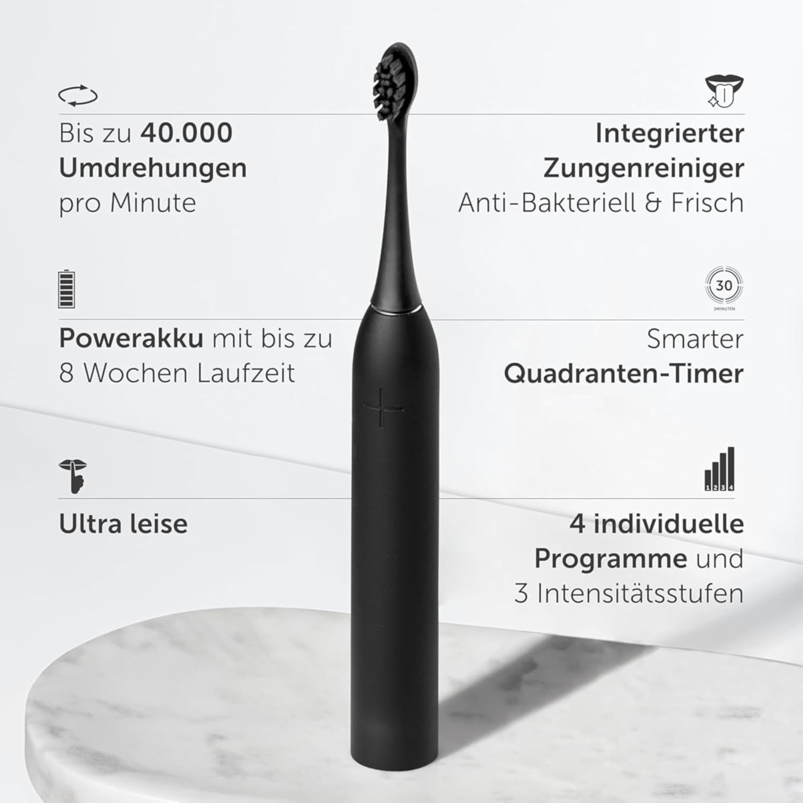 WonderSmile Schallzahnbürste Pro - Testsieger 2026* - Elektrische Zahnbürste IPX8, 4 Programme - mit Ladestation & 60 Tage Power Batterie mit Smart-Bürstenkopf (Ultimate Black) 2