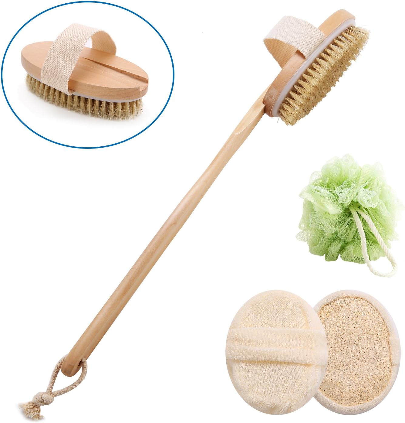 Bath Brush with Detachable Long Handle for Back Scrubber + Loofah Rub Sponge + Body Puff，Excellent for Exfoliating Skin and Cellulite - Use Wet or Dry